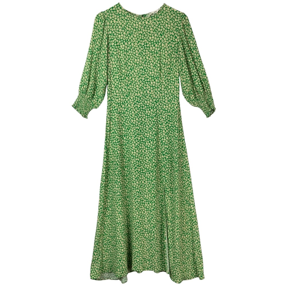 MNG Mango Green Floral Midi Dress M Keyhole Round Neck 3/4 Puff Sleeve Slit